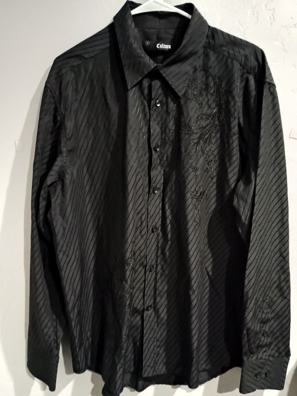 Cultura Men's Black Diagonal-Stripe Dress Shirt with Tonal Embroidery